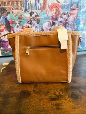 Jennu Faux-Leather Tan Tote with Sherpa Trim